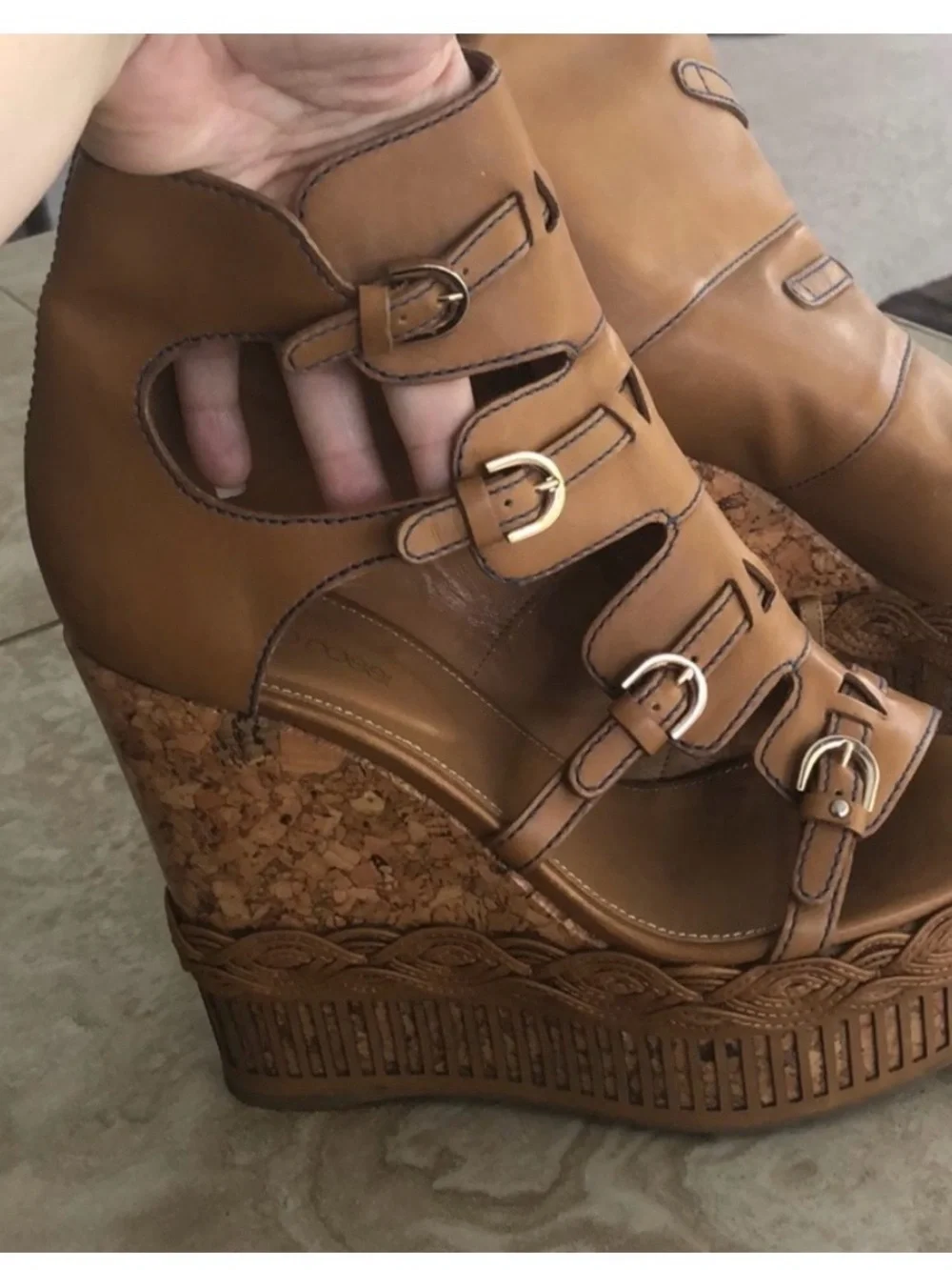 Sergio Rossi Tan Leather Cork Wedge Ankle Boot